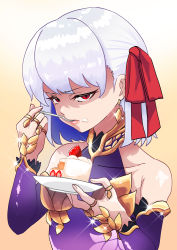 Rule 34 | 1girl, absurdres, armlet, armor, bare shoulders, bikini armor, bracelet, breasts, cake, closed mouth, collar, detached sleeves, dress, earrings, eating, fate/grand order, fate (series), floral print, food, fork, fruit, gradient background, hair ribbon, highres, jewelry, kama (fate), kama (first ascension) (fate), looking at viewer, metal collar, plate, purple dress, purple sleeves, red eyes, ribbon, ring, shaded face, shibao aoyama, short hair, silver hair, small breasts, solo, sparkle, strawberry, yellow background