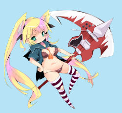 Rule 34 | :&lt;, between breasts, blonde hair, bra, breasts, cameltoe, electric guitar, frown, gibson sg, green eyes, guitar, hair ribbon, horns, instrument, large breasts, lingerie, long hair, navel, no pants, original, panties, plump, pulp piroshi, ribbon, school uniform, scythe, serafuku, solo, stoned (artist), striped clothes, striped thighhighs, thighhighs, twintails, underwear, very long hair