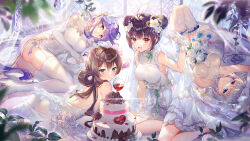 Rule 34 | 4girls, :d, arm support, bare back, bare shoulders, birthday cake, blue eyes, breasts, brown hair, cake, character request, cleavage cutout, clothing cutout, cup, double bun, dress, drinking glass, ekita kuro, elbow gloves, flower, food, garter belt, gloves, green eyes, hair bun, hair flower, hair ornament, high heels, highres, holding veil, houchi shoujo, kneeling, large breasts, long hair, looking at viewer, lying, multiple girls, official art, on back, on side, on stomach, open mouth, purple hair, red eyes, rose, sleeveless, smile, thighhighs, veil, very long hair, wedding dress, white dress, white flower, white footwear, white gloves, white hair, white rose, white thighhighs, wine glass, yellow eyes