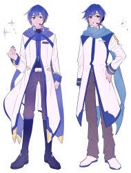 Rule 34 | 1boy, arm at side, blue eyes, blue hair, blue nails, blue scarf, commentary, fingernails, grey pants, hand on own hip, headset, highres, kaito (vocaloid), kaito (vocaloid3), long sleeves, male focus, pants, parang 99, scarf, short hair, simple background, sparkle, standing, star (symbol), vocaloid, white background