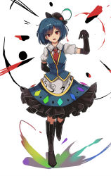 Rule 34 | 1girl, absurdres, adapted costume, alternate hairstyle, arm behind back, black gloves, black hat, blue hair, blue skirt, boots, brown footwear, elbow gloves, food, frilled skirt, frills, fruit, full body, gloves, hat, head tilt, highres, hinanawi tenshi, looking at viewer, mini hat, necktie, neetsr, peach, puffy sleeves, red eyes, red necktie, simple background, skirt, skirt set, solo, standing, touhou, vest, white background