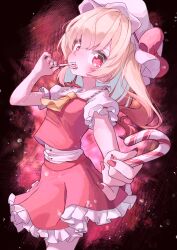 Rule 34 | 1girl, absurdres, ascot, blonde hair, bow, breasts, candy, candy cane, commentary, english commentary, flandre scarlet, food, foreshortening, hat, hat bow, highres, holding, holding candy, holding candy cane, holding food, kiirokuma, mob cap, one side up, puffy short sleeves, puffy sleeves, red background, red eyes, red nails, red skirt, short sleeves, skirt, skirt set, small breasts, solo, touhou, yellow ascot