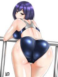 Rule 34 | 1girl, ass, bent over, blue hair, blue one-piece swimsuit, blush, breasts, competition school swimsuit, competition swimsuit, from behind, highres, looking at viewer, looking back, nijisanji, one-piece swimsuit, school swimsuit, shiny skin, shizuka rin, short hair, simple background, smile, solo, standing, swimsuit, virtual youtuber, white background, yellow eyes, yurizuku owl