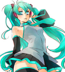 Rule 34 | 1girl, aqua eyes, aqua hair, armpits, ateka, bad id, bad pixiv id, detached sleeves, face, female focus, foreshortening, hatsune miku, headphones, long hair, lowres, necktie, panties, skirt, solo, striped clothes, striped panties, thighhighs, twintails, underwear, very long hair, vocaloid, white background, zettai ryouiki
