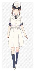 Rule 34 | 1girl, alternate costume, black necktie, blue socks, brown eyes, brown hair, commentary request, dress, female service cap, full body, hat, highres, kantai collection, kneehighs, looking at viewer, low twintails, military, military uniform, naval uniform, necktie, parted bangs, shirayuki (kancolle), short hair, short twintails, smile, socks, solo, standing, striped, striped background, tanaka io (craftstudio), twintails, uniform, white background, white footwear, white hat