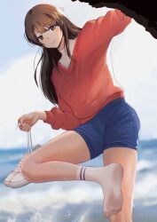 Rule 34 | 1girl, absurdres, alternate costume, arm up, blue shorts, blurry, blurry background, blush, brown eyes, brown hair, closed mouth, depth of field, feet, ghhoward, highres, holding, legs, long hair, long sleeves, looking at viewer, no shoes, outdoors, red shirt, ribbed socks, sakurajima mai, seishun buta yarou, shirt, shoes, unworn shoes, short shorts, shorts, sneakers, socks, soles, solo, splashing, standing, standing on one leg, thighs, toes, variant set, water, wet, white socks