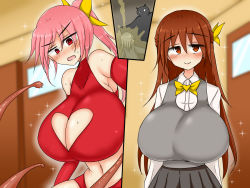 Rule 34 | 1girl, blush, breasts, cleavage, cleavage cutout, clothing cutout, female focus, heart, heart cutout, highres, huge breasts, imminent penetration, monster, open mouth, orange hair, pink hair, school, school uniform, superhero costume, tentacles, tera zilla