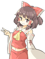 Rule 34 | 1girl, arnest, ascot, bare shoulders, bow, brown eyes, brown hair, detached sleeves, hair bow, hair tubes, hakurei reimu, highres, japanese clothes, midriff, miko, navel, red bow, red ribbon, ribbon, ribbon-trimmed sleeves, ribbon trim, sarashi, short hair, smile, touhou, v, yellow ascot