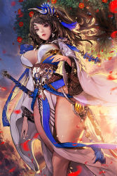 Rule 34 | 1girl, bad id, bad pixiv id, breasts, brown eyes, brown hair, female focus, flower, hair ornament, hyulla, large breasts, lips, original, parted lips, solo, sunset, sword, thick thighs, thighs, weapon