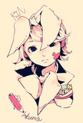 Rule 34 | 1girl, 3kuma, artist name, bandaid, bandaid on face, beige background, black eyes, bow, character name, closed mouth, female focus, frown, hair bow, hair ornament, hairclip, head tilt, headphones, kagamine rin, looking at viewer, monochrome, no pupils, pencil, portrait, short hair, signature, sketch, solo, spot color, swept bangs, vocaloid, writing, yellow background