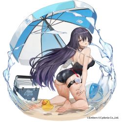 Rule 34 | 1girl, ash arms, ass, ball, bare shoulders, beachball, black hair, breasts, cleavage, commentary request, cooler, eyepatch, f4u-1 corsair (ash arms), flower, hair between eyes, highres, kneeling, long hair, looking at viewer, medium breasts, nyatabe, official art, one-piece swimsuit, open mouth, red eyes, rose, sleeveless, solo, swimsuit, water, white flower, white rose
