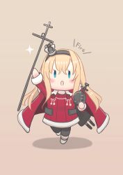 Rule 34 | 1girl, adapted turret, akisame rizu, black hairband, blonde hair, blue eyes, cannon, chibi, coat, crown, dress, globus cruciger, grey background, hairband, highres, kantai collection, long hair, long sleeves, mini crown, red coat, red dress, scepter, simple background, smile, solo, standing, turret, warspite (kancolle)
