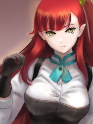 Rule 34 | 1girl, bera, black gloves, breasts, closed mouth, gloves, hair ribbon, ho den keiji, long hair, looking at viewer, pointy ears, red hair, ribbon, side ponytail, simple background, smile, solo, yellow eyes, youkai ningen bem