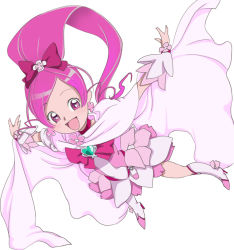 Rule 34 | 10s, bow, cure blossom, flying, hanasaki tsubomi, happy, heartcatch precure!, midriff, open mouth, pink eyes, pink hair, ponytail, precure, ribbon, yozora