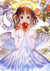 Rule 34 | 1girl, absurdres, angel, animal, bare arms, bare shoulders, blurry, bob cut, branch, brown hair, cowboy shot, depth of field, dress, feathered wings, flat chest, food, fruit, glowing, halo, hands up, highres, holding, holding food, holding fruit, jun (nad-j), looking at viewer, open mouth, original, red eyes, shirt, short hair, sleeveless, sleeveless shirt, snake, straight-on, strap slip, sundress, w arms, white background, white dress, white snake, white wings, wings