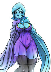 Rule 34 | 1girl, alternate breast size, alternate legwear, black thighhighs, blue eyes, blue hair, blue skin, breasts, cape, cleavage, colored skin, embarrassed, facial mark, fi (zelda), forehead mark, gem, highleg, highleg panties, highres, large breasts, maniacpaint, matching hair/eyes, nintendo, no arms, out of character, panties, see-through, short hair, solo, the legend of zelda, the legend of zelda: skyward sword, thigh gap, thighhighs, underwear