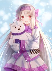 Rule 34 | 1girl, :d, ainu clothes, black pantyhose, blue sky, blush, bow, day, fate/grand order, fate (series), fingerless gloves, fingernails, gloves, hair between eyes, hair bow, hairband, highres, illyasviel von einzbern, light brown hair, long hair, long sleeves, looking at viewer, nasii, hugging object, open mouth, outdoors, pantyhose, pink bow, pink hairband, purple gloves, red eyes, sidelocks, sitonai (fate), sky, smile, snow, solo, stuffed animal, stuffed toy, teddy bear, very long hair, wide sleeves
