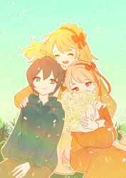 Rule 34 | 1boy, 2girls, as-zero, blonde hair, blue eyes, blue hoodie, blush, bouquet, brown hair, closed eyes, closed mouth, dress, enoch (project moon), flower, hair ribbon, hairband, highres, holding, holding bouquet, hood, hood down, hoodie, library of ruina, lisa (project moon), lobotomy corporation, long hair, multiple girls, open mouth, orange dress, orange hairband, orange ribbon, project moon, ribbon, sitting, smile, tears, tiphereth a (project moon), very long hair
