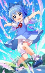 Rule 34 | 1girl, bandaid, bandaid on leg, blue bow, blue dress, blue footwear, blue hair, blue sky, bow, bowtie, cirno, collared shirt, dress, fairy, fairy wings, fang, frilled pants, frilled sleeves, frilled socks, frills, frozen lake, full body, hair bow, ice, ice wings, jigatei (omijin), mary janes, misty lake, mountain, official art, open mouth, outstretched arms, pants, pantyhose, puffy pants, puffy short sleeves, puffy sleeves, red bow, red bowtie, shirt, shoes, short hair, short sleeves, sky, smile, socks, touhou, touhou cannonball, white pants, white shirt, white socks, wind, wind lift, wings