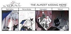 Rule 34 | 3girls, :i, absurdres, arknights, black gloves, black headwear, blush, commentary, ear blush, english text, gloves, glowing, glowing eyes, hand on another&#039;s chin, hands on own face, hat, heart, highres, imminent kiss, kiss, kiss chart, kissing cheek, multiple drawing challenge, multiple girls, multiple views, orca, partially colored, pointy ears, pout, red eyes, shark, skadi (arknights), smile, specter (arknights), specter the unchained (arknights), sweat, symbol-only commentary, upper body, wandering sarkaz, white hair, yuri