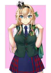 Rule 34 | 1girl, blonde hair, blue eyes, blue necktie, blush, braid, breasts, cloak, cosplay, crown, green cloak, green vest, hair ribbon, half up braid, kantai collection, lips, long hair, mayura (lucadia), mini crown, necktie, perth (kancolle), perth (kancolle) (cosplay), plaid, plaid skirt, ribbon, shirt, short sleeves, simple background, skirt, smile, solo, two-tone background, vest, voice actor connection, warspite (kancolle), white shirt