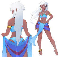 Rule 34 | 1girl, anklet, armlet, ass, atlantis: the lost empire, bare shoulders, barefoot, blue eyes, bracelet, breasts, cheshirrr, commentary, dark-skinned female, dark skin, earrings, facial tattoo, full body, highres, jewelry, kidagakash, long hair, looking at viewer, medium breasts, navel, necklace, smile, solo, standing, tattoo, white background, white hair