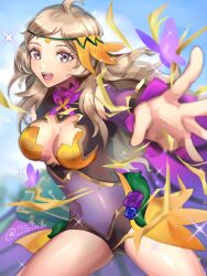 Rule 34 | 1girl, ahoge, blonde hair, breasts, bug, butterfly, cleavage, covered navel, fire emblem, fire emblem fates, fire emblem heroes, flower, grey eyes, highres, insect, large breasts, long hair, nintendo, official alternate costume, open mouth, ophelia (fire emblem), outstretched arm, plant, solo, swept bangs, teeth, turtleneck, upper body, upper teeth only, vines, youhei choregi