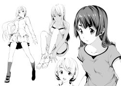 Rule 34 | 4girls, breasts, greyscale, highres, hikapan, long hair, looking at viewer, monochrome, multiple girls, open mouth, original, saeki shun, short hair, simple background, skirt, smile, tosh (imonade ryouchou), white background