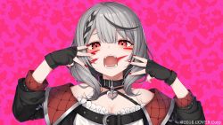 Rule 34 | 1girl, absurdres, animal (vocaloid), black gloves, black hair, black jacket, blush, breasts, cleavage, collarbone, fangs, fingerless gloves, gloves, grey hair, head tilt, highres, hololive, jacket, looking at viewer, medium breasts, multicolored hair, nail polish, off shoulder, open mouth, pink background, portrait, red eyes, red nails, sakamata chloe, saki masaki, solo, streaked hair, virtual youtuber, vocaloid