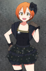 Rule 34 | &gt;:d, 10s, 1girl, :d, black dress, bow, brown hair, dress, floral print, flower, gloves, hair flower, hair ornament, hair ribbon, hand on own hip, hand on own shoulder, hoshizora rin, kidachi, lace, lace gloves, layered dress, love live!, love live! school idol project, open mouth, print gloves, ribbon, short hair, single thighhigh, smile, solo, sparkle, thighhighs, v-shaped eyebrows, yellow eyes