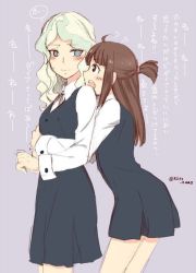 Rule 34 | 2girls, artist request, blonde hair, blue background, blue eyes, brown hair, couple, diana cavendish, happy, kagari atsuko, little witch academia, long hair, looking at another, luna nova school uniform, multiple girls, open mouth, red eyes, school uniform, signature, simple background, smile, surprised, translated, uniform, watermark, wavy hair, yuri