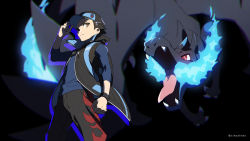Rule 34 | 1boy, badge, baseball cap, black background, black coat, blue fire, blue shirt, blurry, breath weapon, brown eyes, charizard, clenched hand, closed mouth, coat, commentary, creatures (company), dragon, fire, game freak, gen 1 pokemon, hand on headwear, hat, highres, male focus, mega charizard x, mega pokemon, nintendo, pants, pokemon, pokemon (creature), pokemon masters ex, popped collar, red (pokemon), red (sygna suit) (pokemon), shirt, short hair, sideways glance, xia (ryugo)