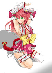 Rule 34 | 1girl, absurdres, ahoge, armpits, arms up, bell, breasts, detached sleeves, green eyes, highres, hololive, japanese clothes, kimono, large breasts, long hair, red hair, ribbon, sakura miko, sakura miko (1st costume), seiza, shadow, sideboob, simple background, sitting, socks, sweat, thighhighs, thighs, user rukg3484, virtual youtuber, white background, white thighhighs, yellow ribbon