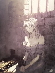 1girl breasts chain chained chained_wrists cuffs david_liu dress dungeon greyscale highres long_hair looking_at_viewer monochrome off-shoulder_dress off_shoulder parted_lips princess_(slay_the_princess) seiza shackles sitting slay_the_princess solo stone_wall sunlight tiara