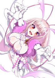 Rule 34 | 1girl, arthropod girl, breasts, cleavage, cleavage cutout, clothing cutout, cockroach girl, dress, fangs, fur-trimmed dress, fur trim, highres, large breasts, long hair, looking at viewer, matara kan, matara kan (1st costume), mole, mole on breast, monster girl, multicolored hair, open mouth, outstretched arms, outstretched hand, pink dress, pink hair, red eyes, sleeveless, sleeveless dress, streaked hair, u-ta, virtual youtuber, vshojo