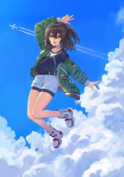 Rule 34 | 1girl, absurdres, airborne, belt, black belt, black shirt, boots, breasts, brown eyes, brown hair, chitose moe, green jacket, highres, jacket, looking at viewer, medium breasts, medium hair, off shoulder, official art, open hand, open mouth, rangen, shirt, shorts, sky, smile, solo, v, virtual youtuber, voice-ore, white footwear, white shorts