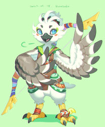 Rule 34 | 1boy, bird boy, blue eyes, bow (weapon), champion&#039;s tunic (zelda), commentary request, dated, feathers, furry, furry male, green background, kamitake5505, male focus, nintendo, open mouth, simple background, smile, solo, the legend of zelda, the legend of zelda: breath of the wild, the legend of zelda: tears of the kingdom, tulin (zelda), weapon