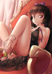 Rule 34 | 1girl, :&lt;, absurdres, bad id, bad pixiv id, bare arms, bare shoulders, black dress, black hair, bow, breasts, cleavage, closed mouth, commentary request, crossed ankles, curtains, day, dress, evening gown, feet, finger to mouth, fingernails, flower, foreshortening, from below, gem, hair bow, hairband, highres, indoors, knees up, large breasts, leaf, legs, long fingernails, long hair, looking at viewer, looking down, nail polish, no bra, no panties, original, partially visible vulva, pulled by self, purple bow, purple eyes, purple hairband, purple nails, red flower, red gemstone, red rose, rose, shoes, sitting, solo, straight hair, strap pull, sunlight, tareme, throne, toeless footwear, toenail polish, toenails, toes, upskirt, very long hair, yashemao qishi