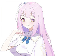 Rule 34 | 1girl, arm up, blue archive, blue bow, bow, bowtie, breasts, capelet, closed mouth, flower, hair flower, hair ornament, highres, large breasts, light blush, long hair, looking at viewer, mika (blue archive), ohihil, pink hair, portrait, sidelocks, simple background, smile, solo, white background, yellow eyes