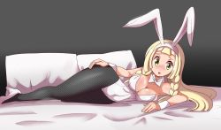 Rule 34 | 1girl, absurdres, animal ears, blonde hair, blush, braid, breasts, cleavage, commentary, covered navel, creatures (company), english commentary, fake animal ears, game freak, green eyes, highres, indoors, large breasts, legs, leotard, lillie (pokemon), long hair, looking at viewer, lucyfer, lying, nintendo, on bed, on side, open mouth, pantyhose, pillow, playboy bunny, pokemon, pokemon sm, rabbit, rabbit ears, solo, thighs, twin braids