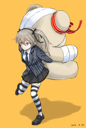 Rule 34 | 10s, 1girl, arms behind back, bandages, black footwear, black jacket, black necktie, black ribbon, black thighhighs, blazer, brown eyes, casual, closed mouth, commentary, dated, dress shirt, girls und panzer, hair ribbon, holding, holding stuffed toy, jacket, lace, lace-trimmed skirt, lace trim, leaning forward, leg up, light brown hair, loafers, long hair, long sleeves, miniskirt, mutsu (layergreen), necktie, orange background, oversized object, pleated skirt, red ribbon, ribbon, shadow, shimada arisu, shirt, shoes, side ponytail, simple background, skirt, smile, solo, standing, standing on one leg, striped clothes, striped jacket, striped thighhighs, stuffed animal, stuffed toy, teddy bear, thighhighs, vertical-striped clothes, vertical-striped jacket, white shirt, wing collar