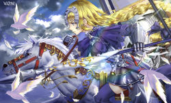 Rule 34 | 1girl, armor, armored dress, artist name, bird, blonde hair, blue eyes, braid, capelet, dove, fate/grand order, fate (series), faulds, flagpole, gauntlets, hair ribbon, headpiece, holding, holding reins, horse, jeanne d&#039;arc (fate), jeanne d&#039;arc (ruler) (fate), long braid, long hair, purple thighhighs, reins, ribbon, riding, single braid, solo, thighhighs, very long hair, von (657932285)