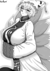 Rule 34 | 1girl, animal ears, arms under breasts, blush, breasts, closed mouth, commentary, cowboy shot, dress, english commentary, expressionless, fox ears, fox tail, frills, hair between eyes, hands in opposite sleeves, hat, highres, huge breasts, kitsune, kyuubi, looking at viewer, mob cap, monochrome, multiple tails, omikami, short hair, simple background, tabard, tail, tassel, touhou, white background, yakumo ran
