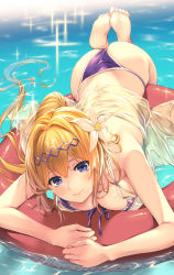 Rule 34 | 1girl, afloat, akanagi youto, ass, back, bare shoulders, barefoot, bikini, blush, breast press, breasts, cleavage, closed mouth, collarbone, day, feet up, flower, foreshortening, front-tie bikini top, front-tie top, granblue fantasy, hair flower, hair ornament, hairband, head tilt, high ponytail, highres, innertube, jeanne d&#039;arc (granblue fantasy), large breasts, lips, long hair, looking at viewer, outdoors, ponytail, purple bikini, purple hairband, purple ribbon, ribbon, see-through, smile, soles, solo, sparkle, swim ring, swimsuit, very long hair, water