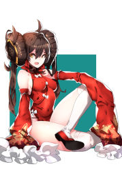 Rule 34 | 1girl, absurdres, big hair, breasts, brown eyes, brown hair, china dress, chinese clothes, covered erect nipples, detached sleeves, double bun, dress, girls&#039; frontline, hair bun, hairpods, highres, looking at viewer, makai, medium breasts, official alternate costume, over-kneehighs, red dress, sitting, sleeves past wrists, solo, thighhighs, thighs, type 97 (girls&#039; frontline), type 97 (peony) (girls&#039; frontline), white thighhighs