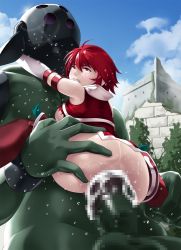 Rule 34 | 1girl, blush, breasts, censored, clenched teeth, cowgirl position, cum, cum in pussy, fire emblem, fire emblem fates, highres, hinoka (fire emblem), large insertion, nintendo, orc, rape, red eyes, red hair, red legwear, sex, short hair, small breasts, spread legs, straddling, teeth, thor (deep rising), torn clothes, vaginal