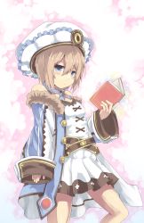 Rule 34 | 10s, 1girl, bare shoulders, blanc (neptunia), blue eyes, blush, book, breasts, brown hair, coat, dress, frilled hat, frills, hat, highres, holding, holding book, looking at viewer, neck ribbon, neptune (series), normaland, open book, ribbon, short hair, sleeves past wrists, small breasts, solo, white dress