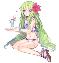 Rule 34 | 1boy, androgynous, bikini, blue eyes, blush, crossdressing, flower, full body, green hair, hair flower, hair ornament, high heels, long hair, male focus, nanakusa (hillwithstars), navel, open mouth, original, plate, sandals, scar, shoes, simple background, sitting, solo, stitches, swimsuit, trap, very long hair, white background