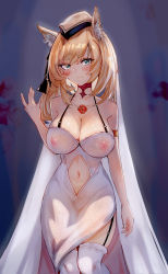 Rule 34 | 1girl, absurdres, animal ears, arknights, bare shoulders, blonde hair, blue eyes, blush, breasts, cleavage, clothing cutout, elsi, garter straps, hat, highres, horse ears, large breasts, long hair, looking at viewer, navel, navel cutout, nipples, see-through, smile, solo, thighhighs, veil, whislash (arknights), white thighhighs