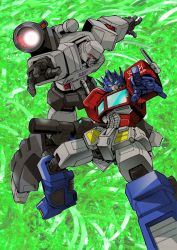 Rule 34 | 1980s (style), 2boys, arm cannon, autobot, battle, blue eyes, cannon, decepticon, full body, glowing, glowing eyes, green background, headgear, insignia, machine, machinery, mecha, megatron, multiple boys, no humans, retro artstyle, optimus prime, personification, red eyes, retro artstyle, robot, smile, transformers, tsushima naoto, weapon